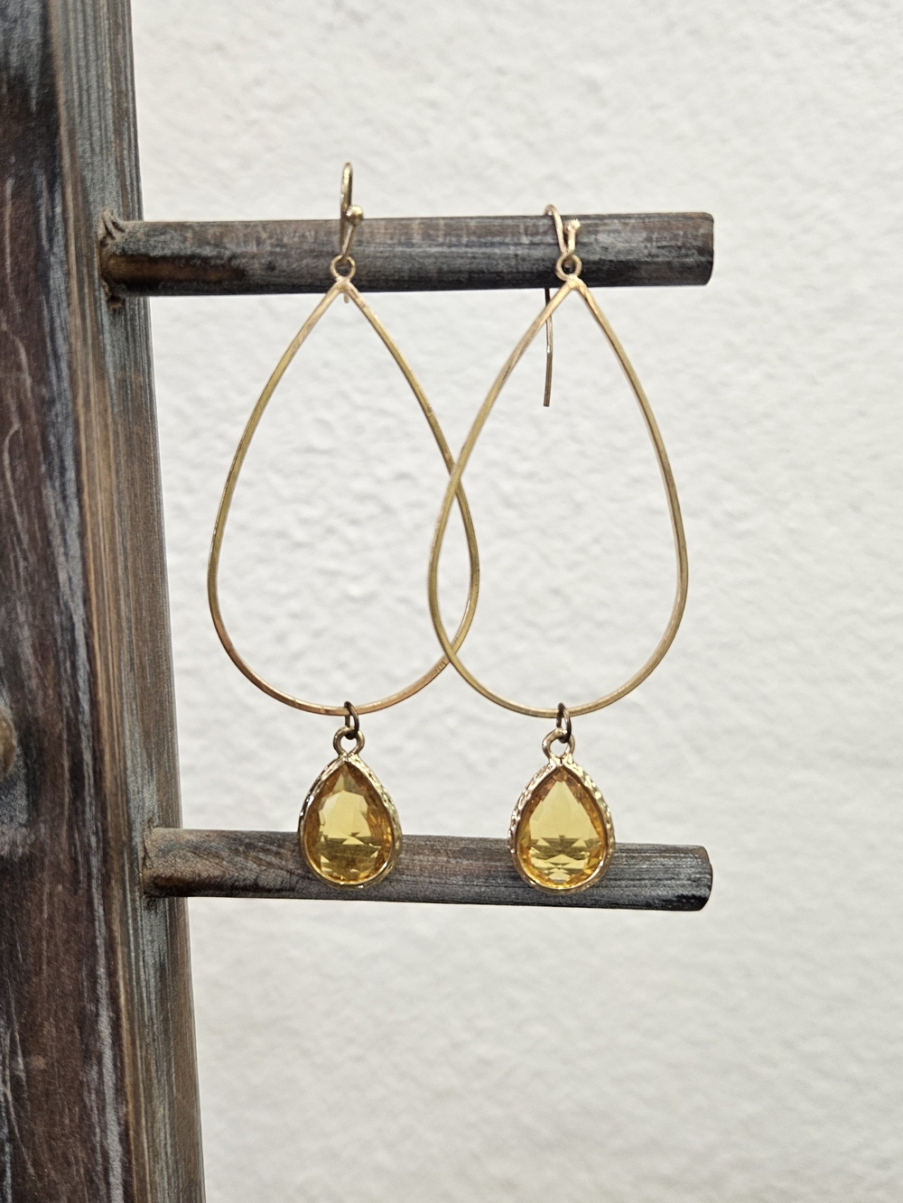Gold Teardrop Dangle Earrings with Yellow Gemstones